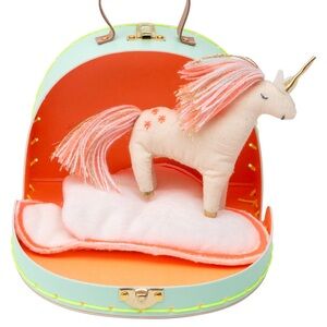 Meri Meri Unicorn Mini Suitcase / doll w/gold horn & mane, blanket & case  – NIB